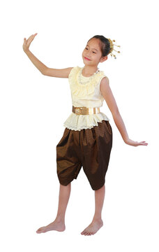 Beautiful Asian young girl kid wearing traditional Thai style dress with native dancing posture isolated on white background. Image full length with clipping path.