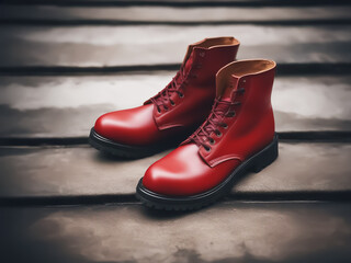 Red shoes. Red boots. Off road shoes in bad weather. AI generated