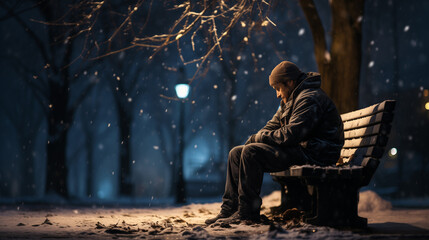 A man sits on a bench in a snowy park at night. He is wearing a black jacket and hat and is looking down. Snowflakes are falling around him. Concept of homelessness, loneliness. - obrazy, fototapety, plakaty