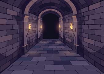 Dark Dungeon. Long medieval castle corridor with torches. Interior of ancient Palace with stone arch. Vector illustration