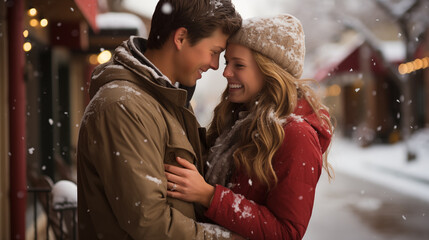 A young couple embracing in the snow, with the man wearing a brown jacket and the woman wearing a red jacket. They are standing in a snow-covered street, surrounded by festive lights and decorations.