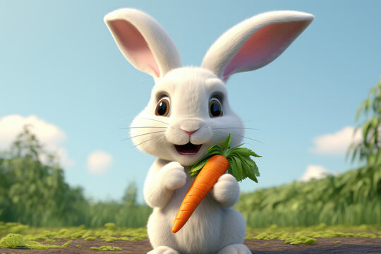 Adorable animated rabbit holding a fresh carrot against a vibrant natural background. Perfect for children's content, animation, and spring themes.