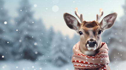 Christmas deer in a scarf on a winter background. Place for text, copyspace.