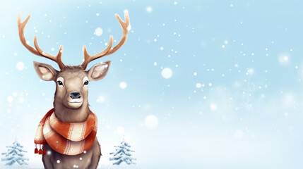 Illustration of Christmas deer in a scarf on a winter background. Place for text, copyspace.