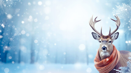 Christmas deer in a scarf on a winter background. Place for text, copyspace.