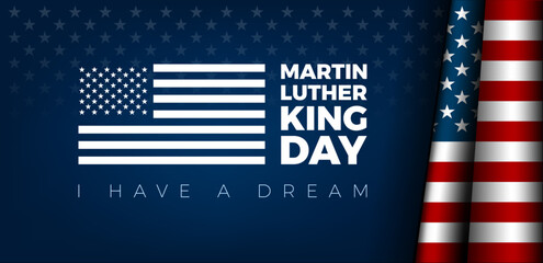 Martin Luther King Jr. Day typography greeting card design. MLK Day lettering inspirational quote, US flag, dark blue vector background - I have a dream