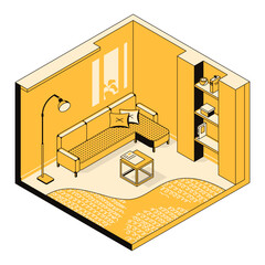 3D living room interior design concept. Cozy room, home, flat, house, indoor environment. Furniture arrangement template for hotel, hostel, real estate, building. Vector linear isometric illustration
