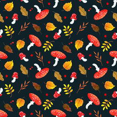 seamless pattern of autumn leaves, fly agarics and berries on a dark background