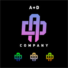 A monorgam logo combining "A" and "D" in vibrant colors on a black background. Perfect for a modern and dynamic brand in need of a fresh and eye-catching identity.