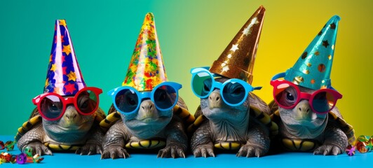 Happy Birthday, carnival, New Year's eve, sylvester or other festive celebration, funny animals card - Group of cute turtles with party hat and sunglasses - obrazy, fototapety, plakaty