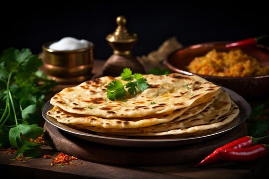 A traditional Indian meal featuring homemade chapati flatbread served with spicy curry