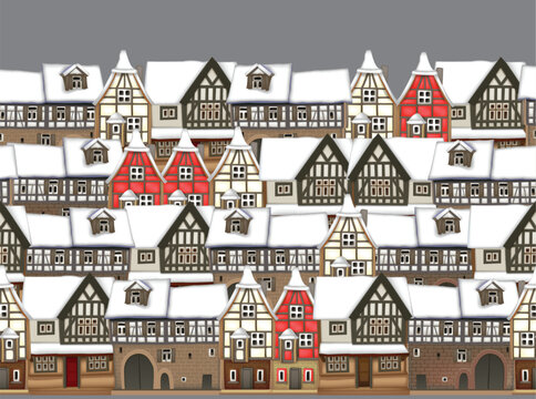 Christmas greeting card. Fabulous snow-covered town. Highly realistic illustration.