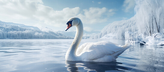 Swan on icy lake with snowy trees and mountains, a serene winter wonderland scene.