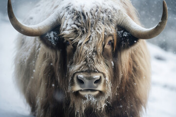 Snow-dusted Highland cattle in a serene winter backdrop.