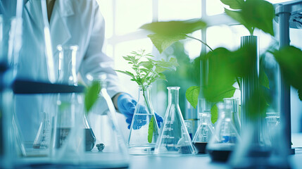 plant in medical pharmacy science research at chemical medicine laboratory - obrazy, fototapety, plakaty