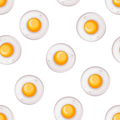 Bright vector seamless pattern with fried eggs in the shape of a flower on a white background