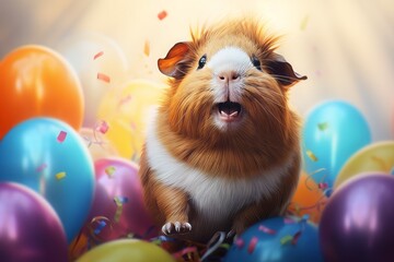 Fototapeta na wymiar Guinea pig with colorful balloons and confetti on a birthday party