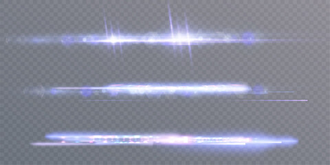 Light with movement effect on a transparent background. Laser blue vector glow streams. Powerful neon stream of high-speed particles.