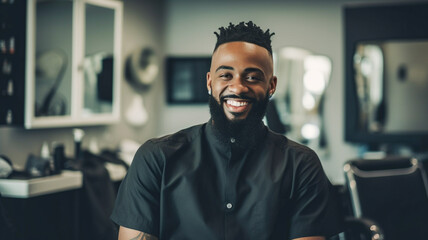 Portrait of handsome young african american barber posing with his arms crossed inside a barbershop. 
 - Powered by Adobe