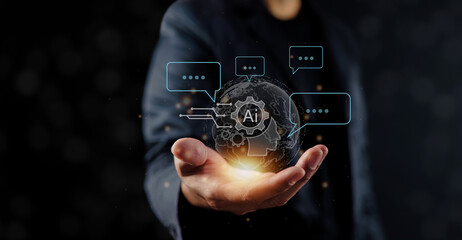 Businessman uses smart artificial intelligence technology by entering command prompt to get good results, chatbot with AI, technology transformation for the future.