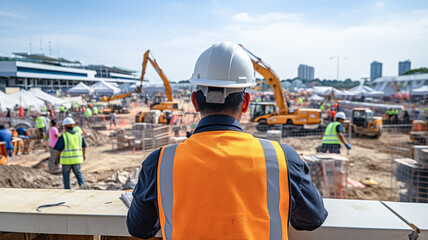 Construction worker engineer architect at work on major construction site wearing hardhat and safety vest. Engineering, construction site and team outdoor for building project.

