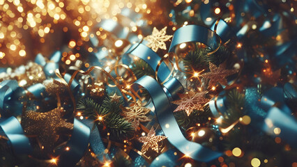 Navy blue background with golden sparkling particles and bokeh lights, holiday concept. background with gold foil texture