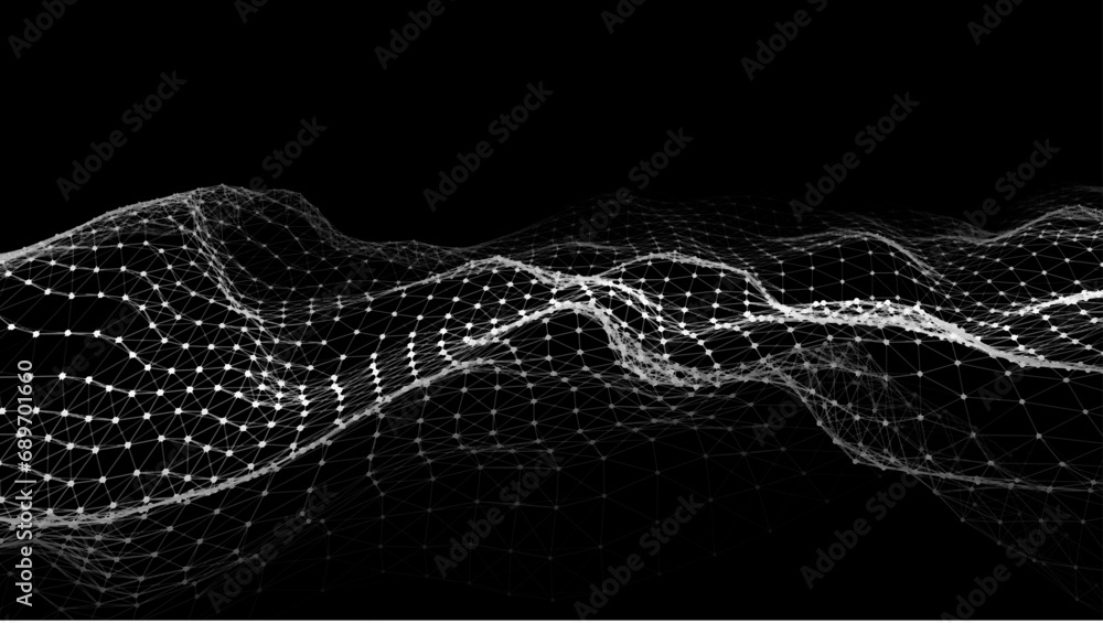 Poster Wave of particles and lines. Big data visualization. Abstract background with a dynamic wave. Vector illustration.