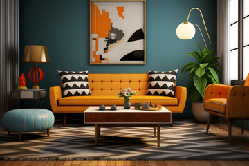 Yellow Sofa Charm: A Domestic Living Room with a Cozy Yellow Sofa, Luxury Interior, and Contemporary Framed Art Pieces