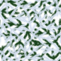 Christmas and New Year seamless pattern background with green and white in frost fir branches on white. Vector illustration 
