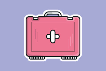 Medical First Aid Kit Sticker vector illustration. Health and medical diagnostics icon concept. Medical equipment, First aid storage, doctor's case sticker design logo with shadow.