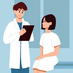 Male Doctor talking to Patient using Tablet on Consultation. Consultation in Clinic Office. Vector Illustration in a Flat Style.