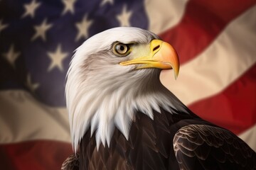 A bald eagle standing in front of an american flag