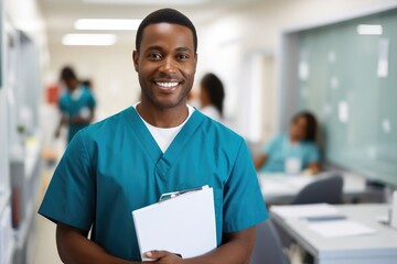 A man in scrubs is holding a folder