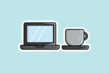 Laptop with Coffee Cup Sticker vector illustration. Technology and drink objects icon concept. Workspace with laptop and coffee cup vector sticker design with shadow.