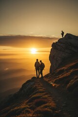 Fototapeta premium Young travelers in the mountains at sunset. Beautiful landscape, hiking, healthy active lifestyle, according to the concept.