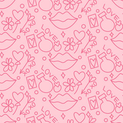 Pattern Valentine with Lips, Arrows of Cupid and Heats on a Pink. Valentines Day Background. Trendy Modern Vector Illustration.
