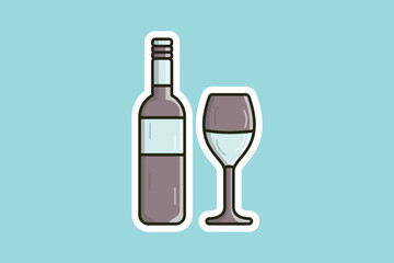 Wine Bottle with Wine Glass Sticker vector illustration. Bar and restaurant objects icon concept. Furniture for the Bar and Restaurant decoration sticker design icons with shadow.