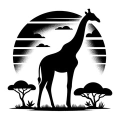Minimalist poster design with a safari theme, featuring the silhouette of a giraffe in its natural habitat - obrazy, fototapety, plakaty