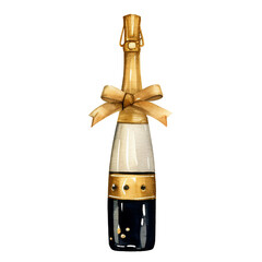 Champagne bottle. Watercolor illustration isolated on transparent  background. Ai Generate