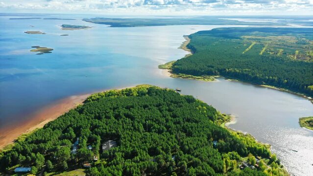 River delta, a system of tributaries and islands. Aerial Drone Shot