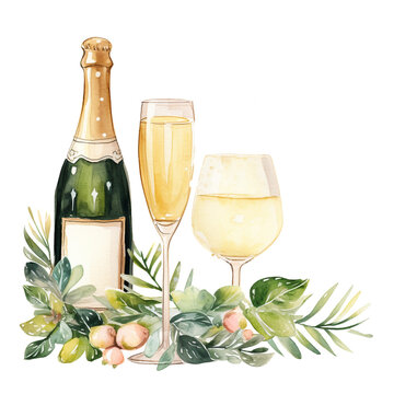 Champagne bottle with glass ,watercolor isolated on transparent  background. Ai Generate