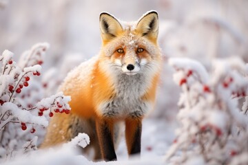 A red fox standing in a snowy forest