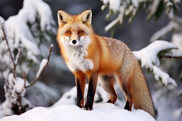 Fototapeta premium A red fox standing on top of snow covered ground