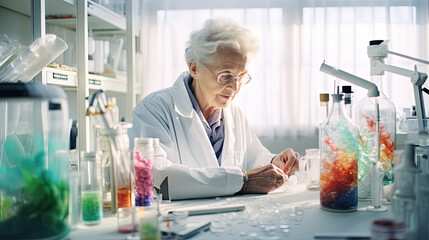 oldest woman do an experiment in a scientist's laboratory - obrazy, fototapety, plakaty