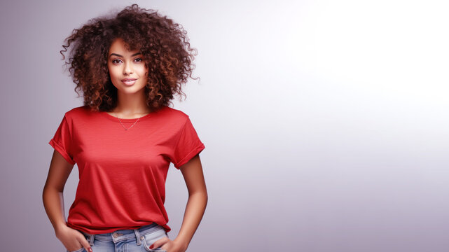 Afro american woman wearing red t-shirt isolated on gray background