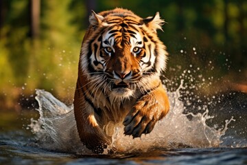 A tiger running through a body of water