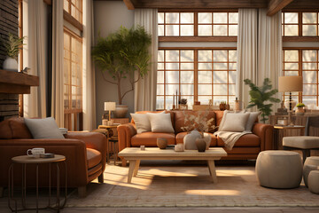 Timeless Family Room: A Traditional Space with a Brown Leather Sofa, Wooden Coffee Table