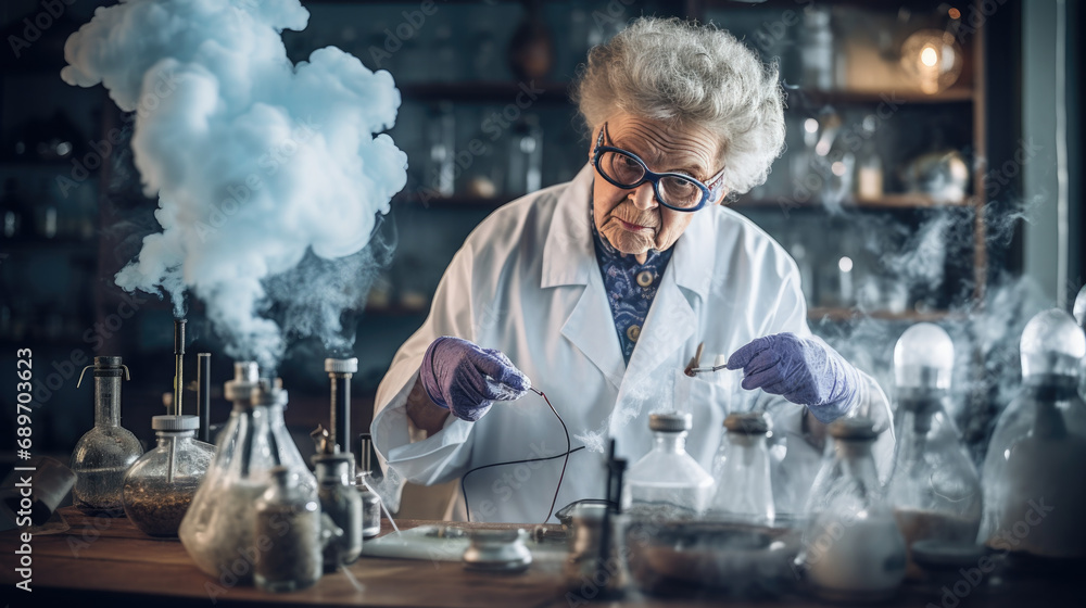 Wall mural oldest woman do an experiment in a scientist's laboratory