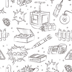  Dynamite and bomb seamless pattern. Vector hand drawn illustration with explosive lethal weapon, TNT, dynamite pack and sticks, mine, hand grenade, missile. Military weapon, army, war in doodle style