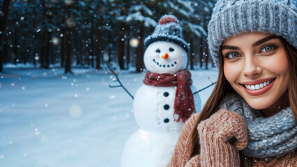 A beautiful woman in winter clothes, outdoor winter scenery with a snowman and forest in the background
